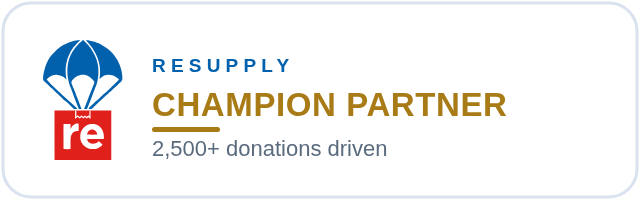 Resupply Champion Partner badge with "2,500+ donations driven" text.