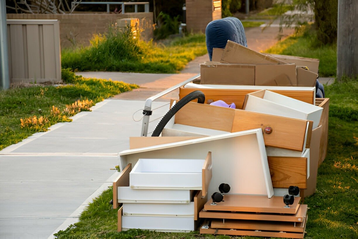 Decluttering: Furniture and boxes on curb for bulk trash pickup