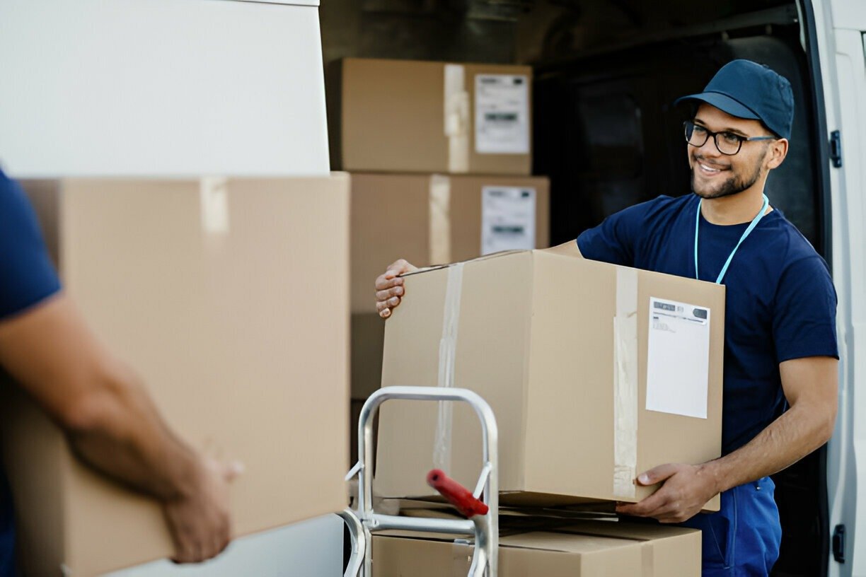 Delivery worker unloading boxes from a van.