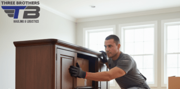 Mover lifting heavy wooden furniture in home.