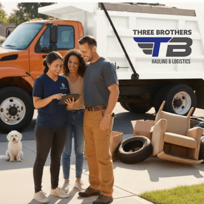 Family standing near junk removal truck