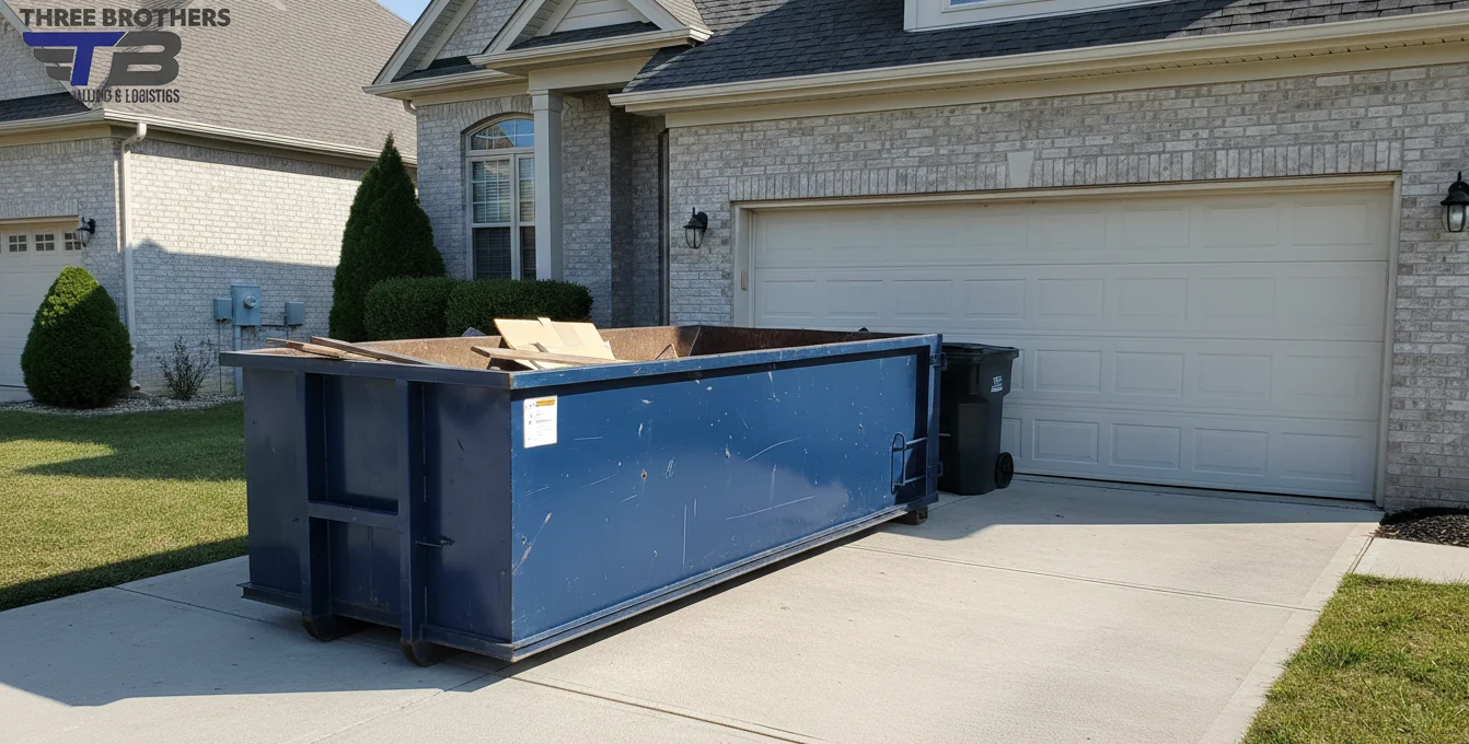 Blue dumpster filled with construction debris in front of a garage