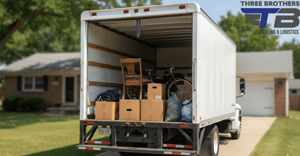 Movers loading furniture into a white truck.