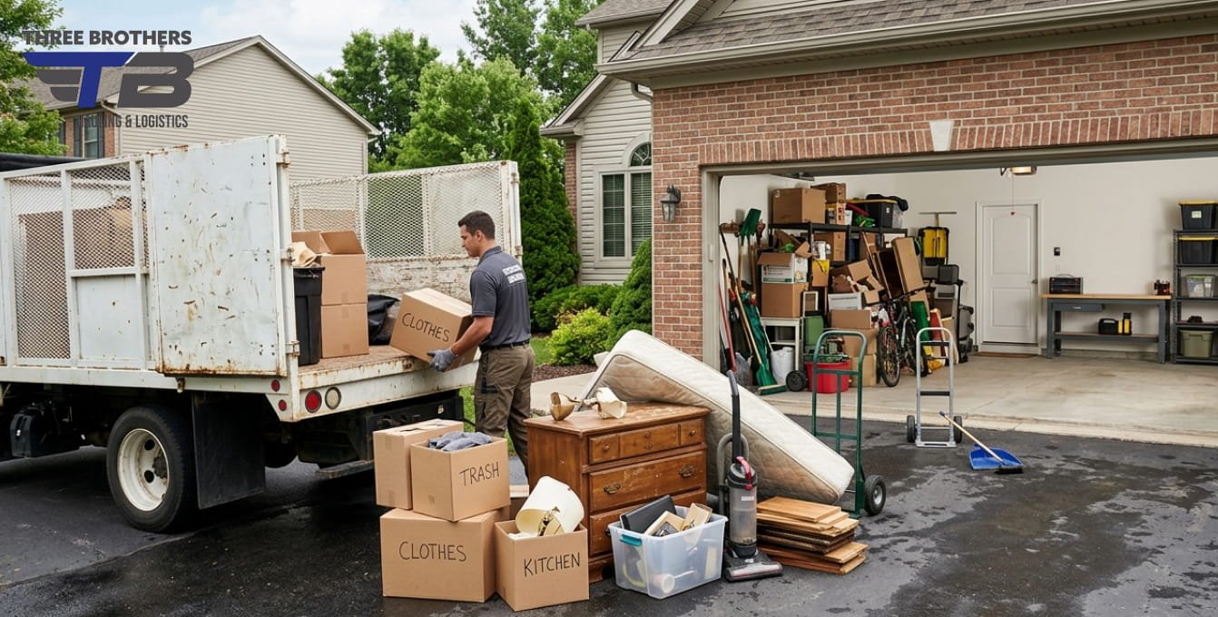 Worker loading household junk into a truck.