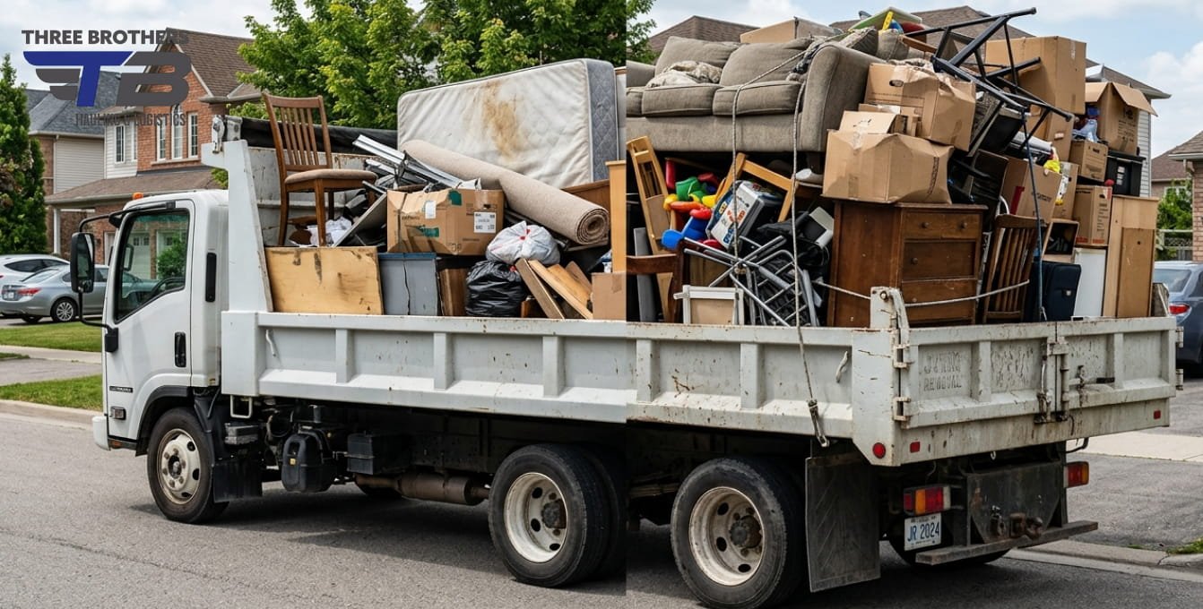Workers loading a moving truck, exterior house painting, and a junk removal truck filled with furniture and boxes.