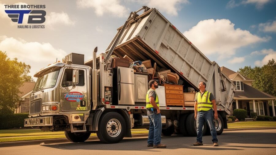 Junk removal workers by a loaded truck in Raleigh, NC