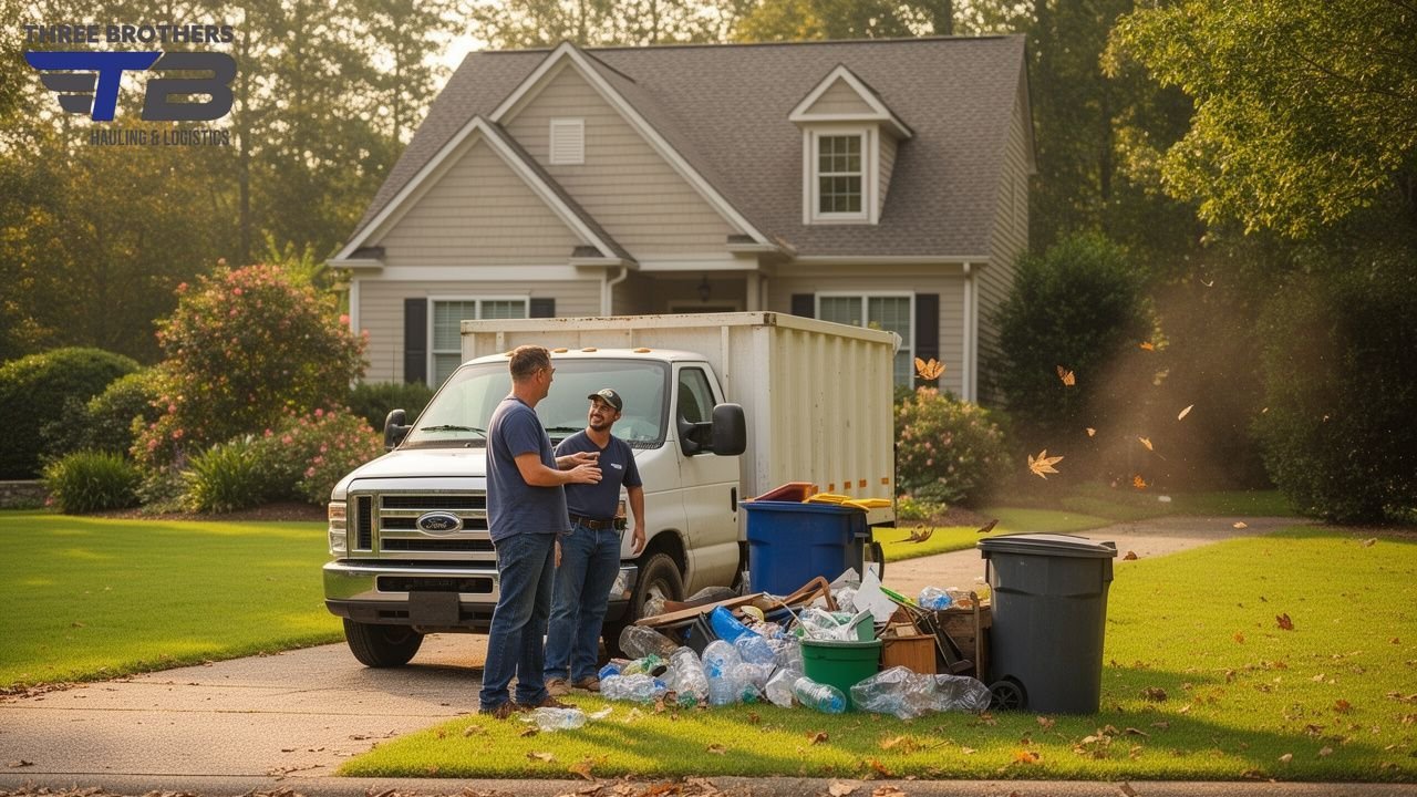 Two men near a junk removal truck and pile of trash in Raleigh, NC.