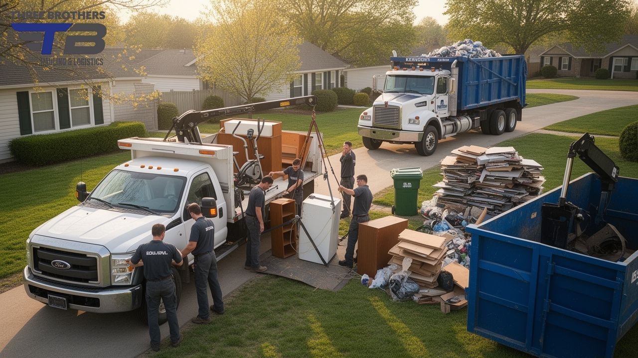 Junk removal works: Team uses crane to load furniture onto truck for disposal.