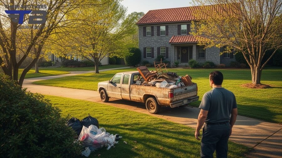 Man overseeing junk removal truck in Raleigh, NC backyard.