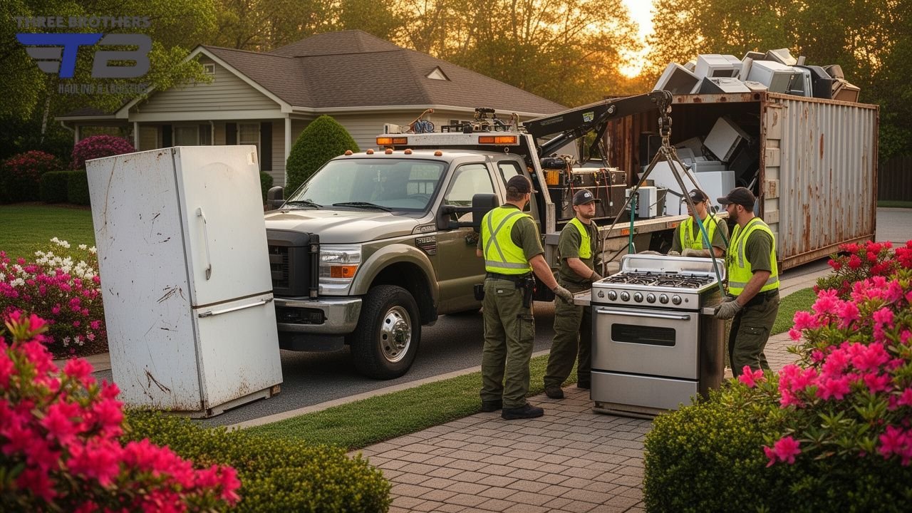 Appliance removal crew loading old refrigerator and stove onto truck