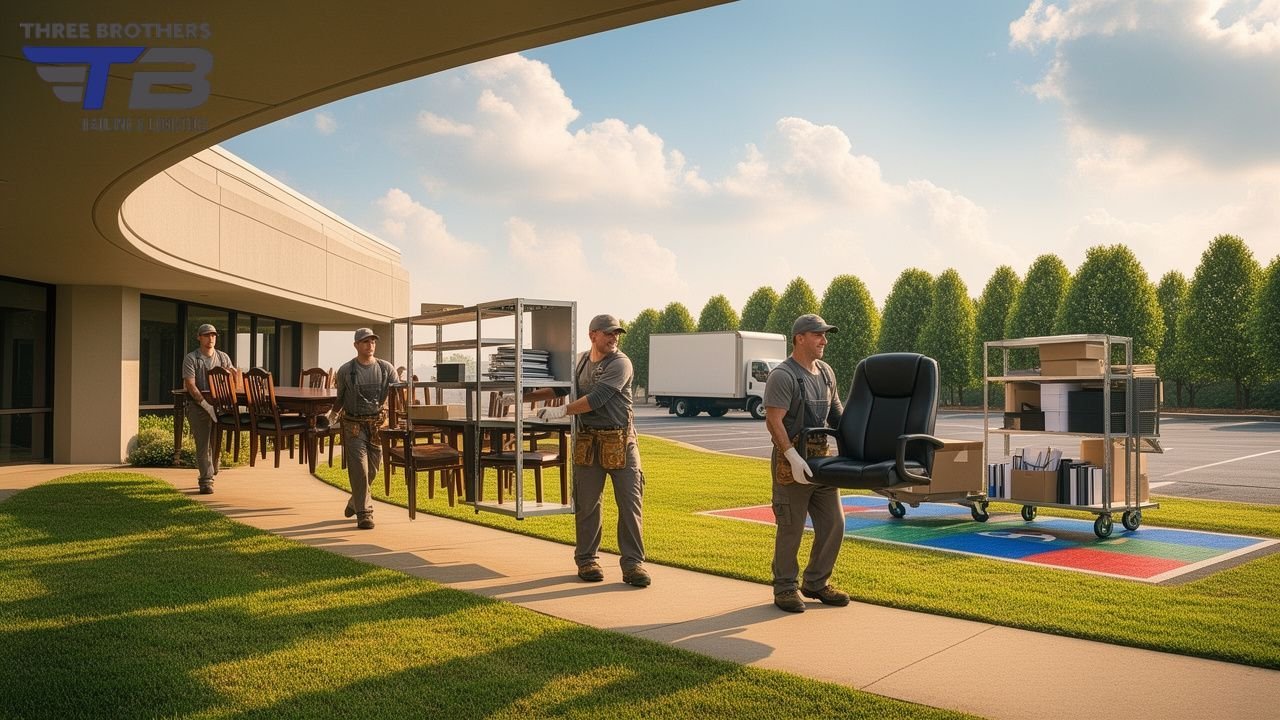 Four men carrying furniture and office supplies into a building