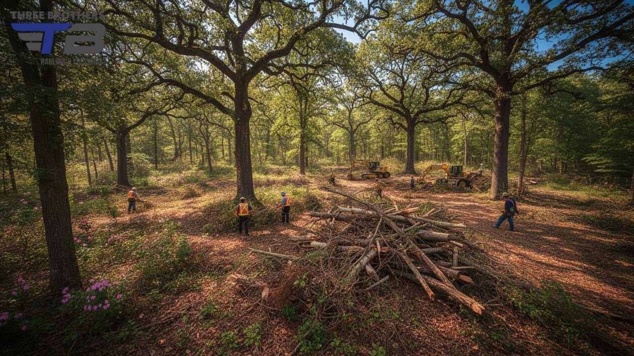 Forest clearing with workers, excavators, and felled trees