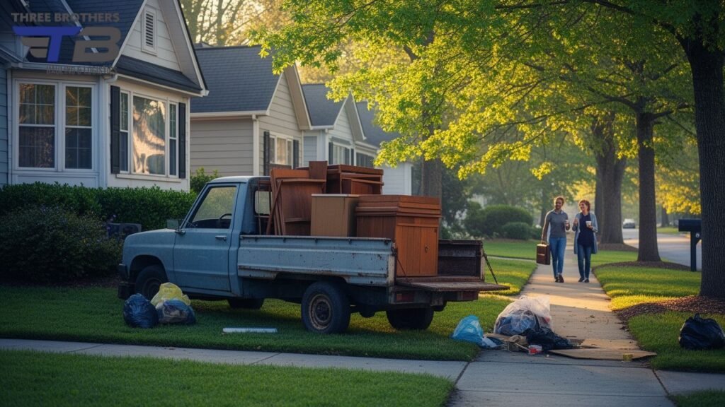 Moving truck loaded with furniture outside a suburban home, couple walks by
