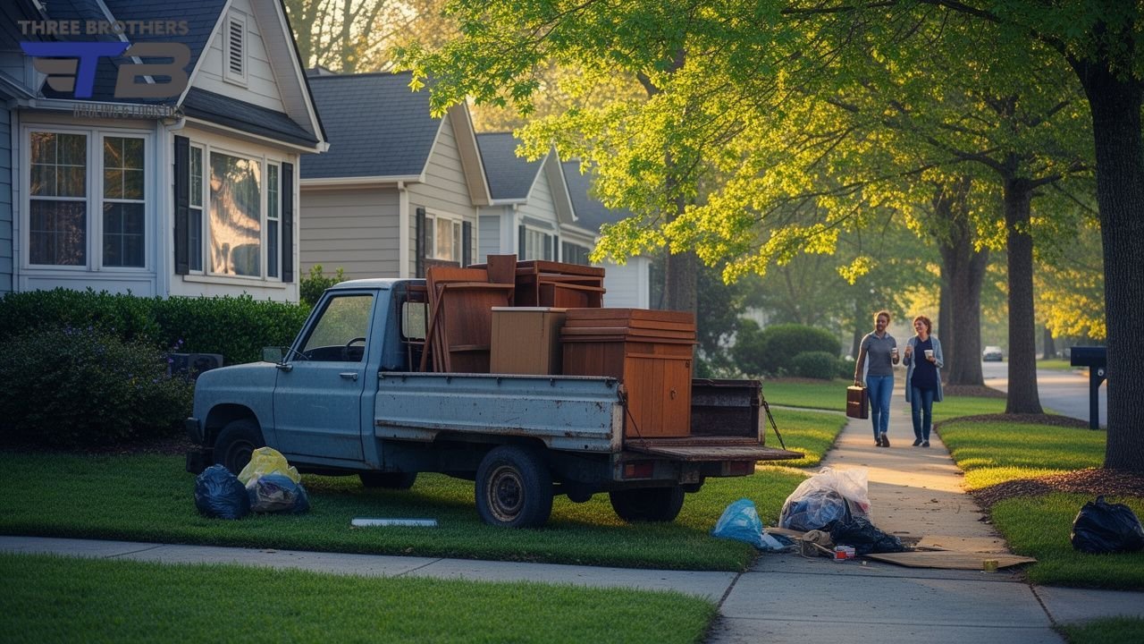 Moving truck loaded with furniture outside a suburban home, couple walks by