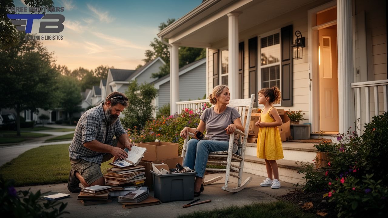 Family packing boxes for moving, with a moving and logistics logo visible.