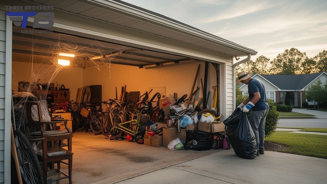 Man cleaning out cluttered garage with bicycles and junk.