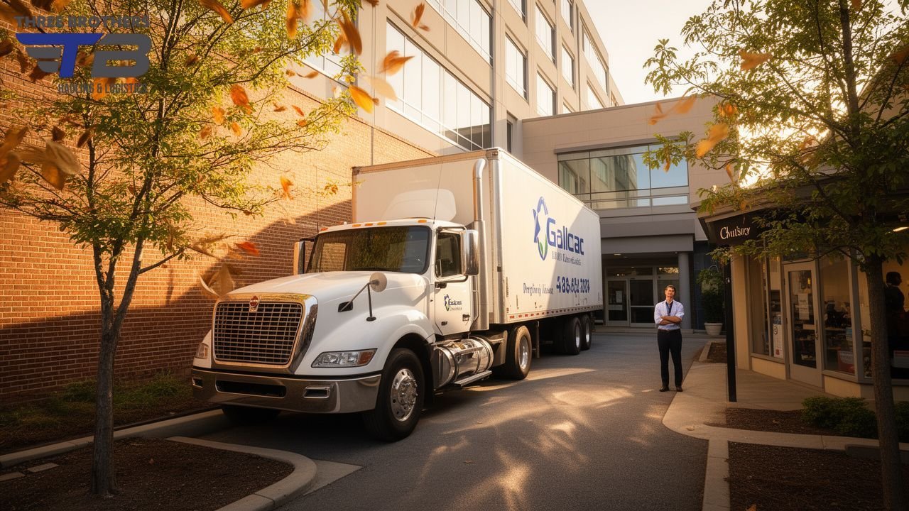 White GallopCar moving truck parked outside a modern building, with a man standing nearby.