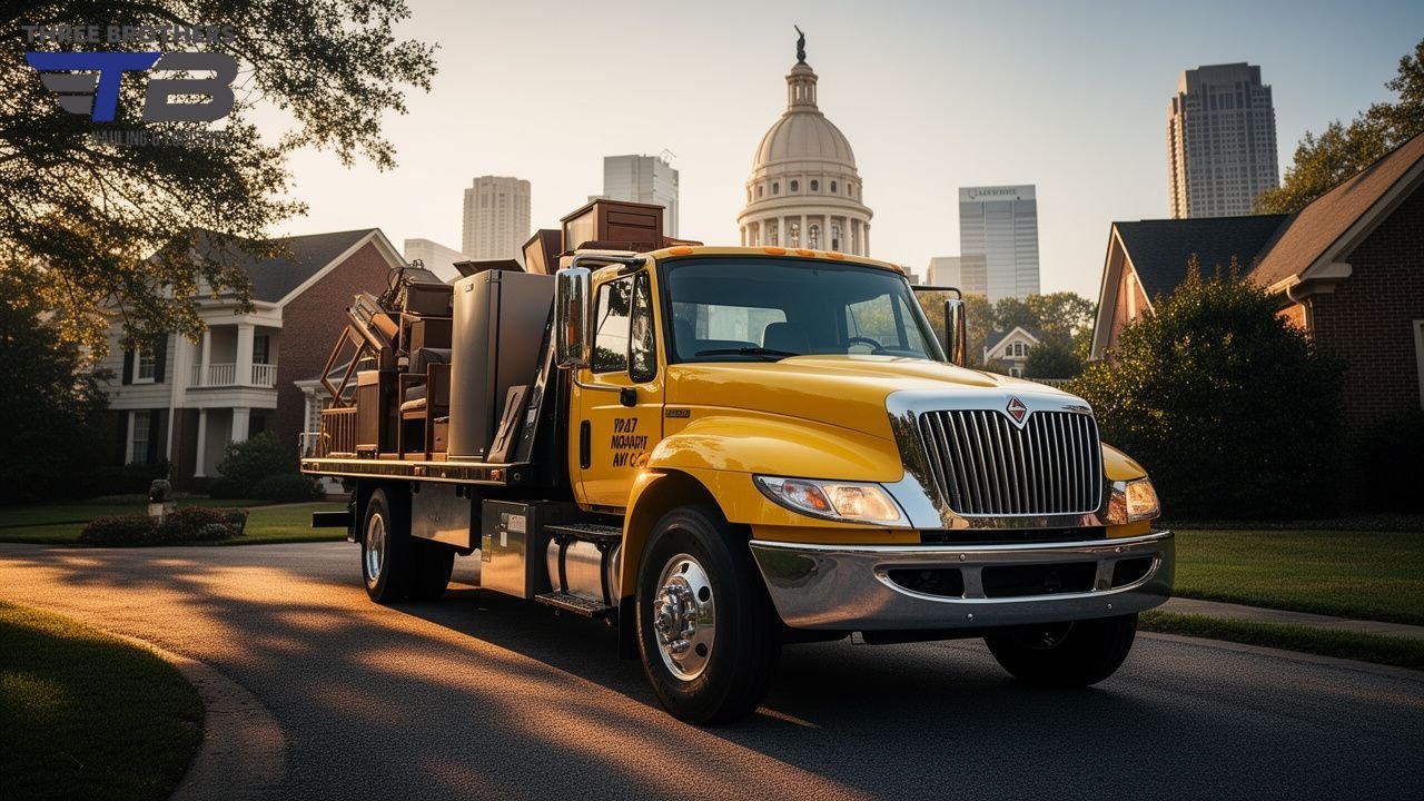 Yellow moving truck with "TB Moving Co." logo driving on a suburban street at sunrise.