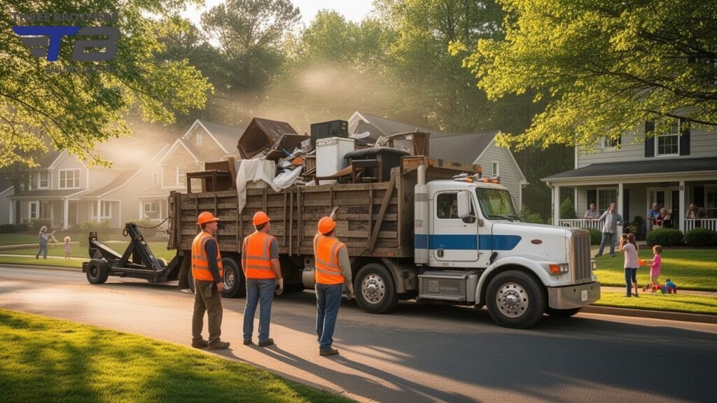 Junk removal truck with workers in a suburban neighborhood
