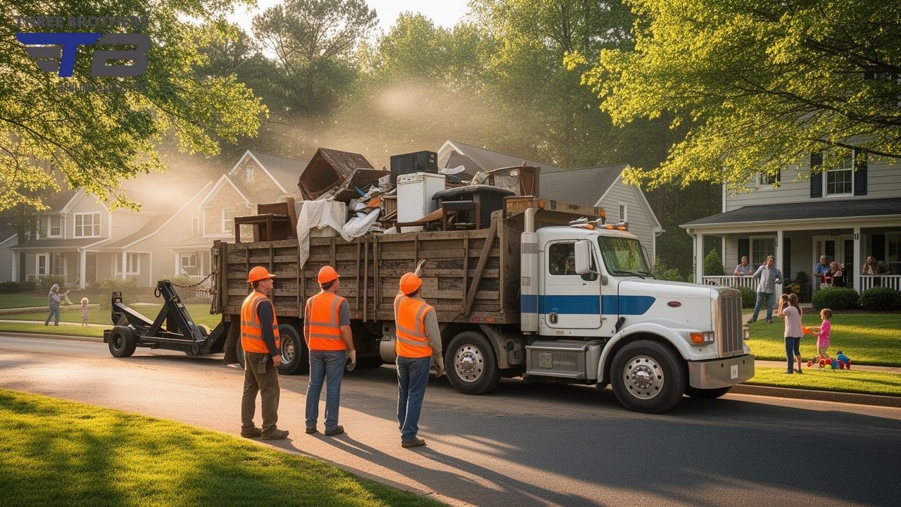 Junk removal truck with workers in a suburban neighborhood