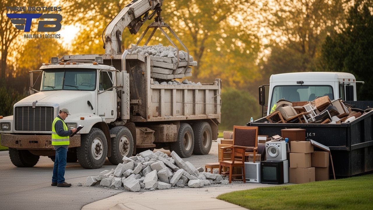 Construction debris being loaded into a dump truck by a crane, with a man in a safety vest checking a clipboard.