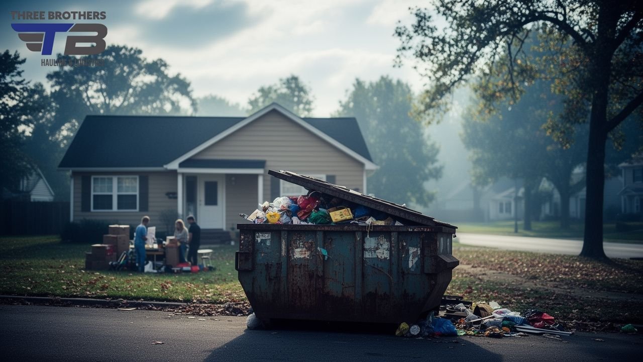 Junk removal dumpster overflowing with trash, suburban house, yard sale