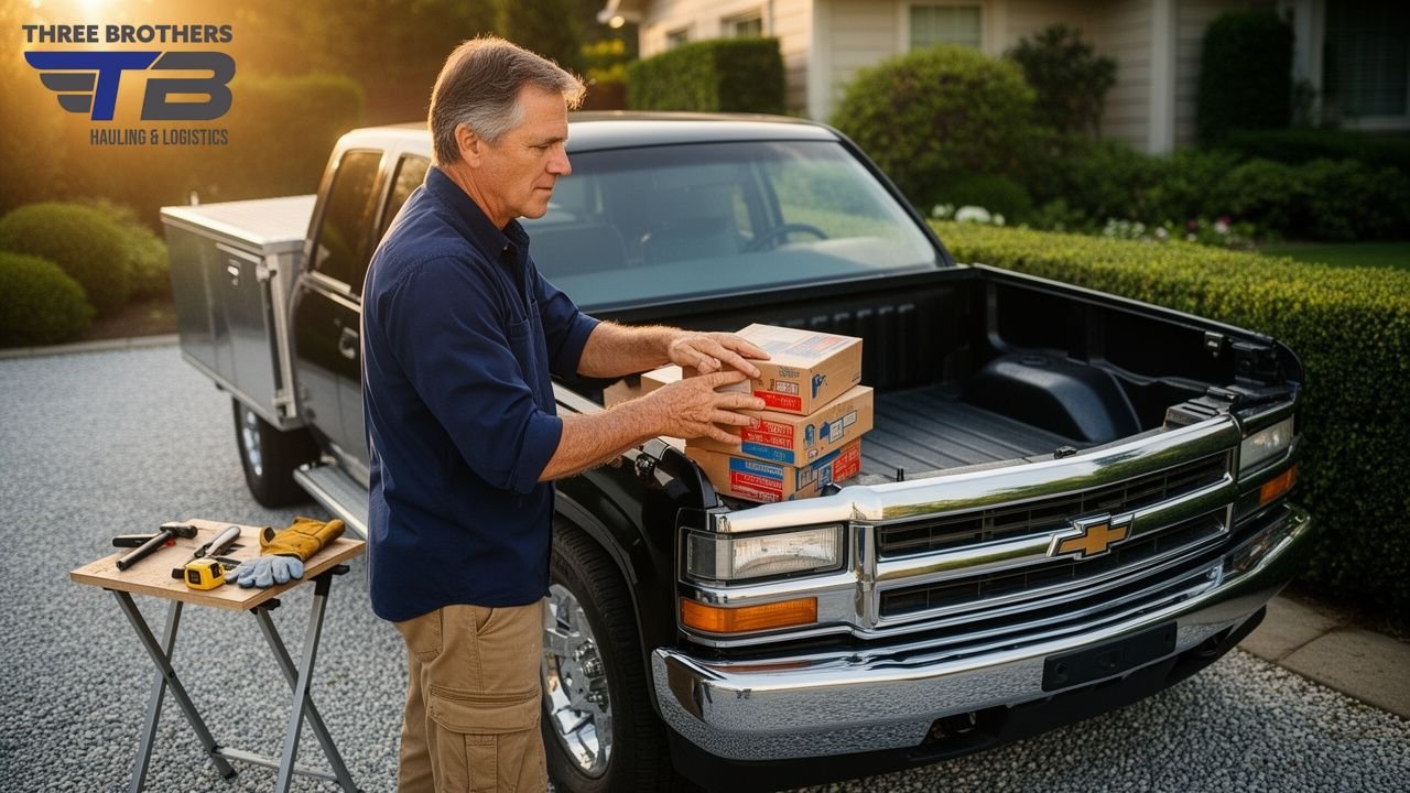 Man loading boxes into a pickup truck for hauling and logistics services.