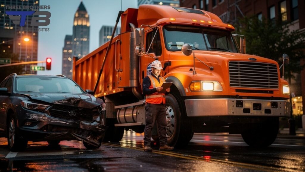 Orange dump truck and damaged car after accident, logistics worker reviews damage.