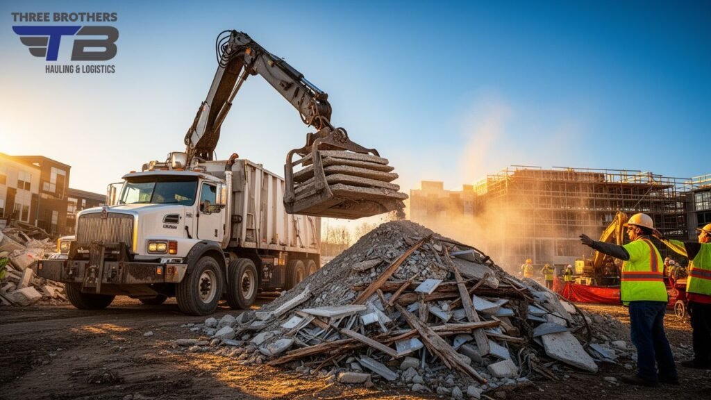 Construction debris removal: Excavator loads rubble into a dump truck at a demolition site.