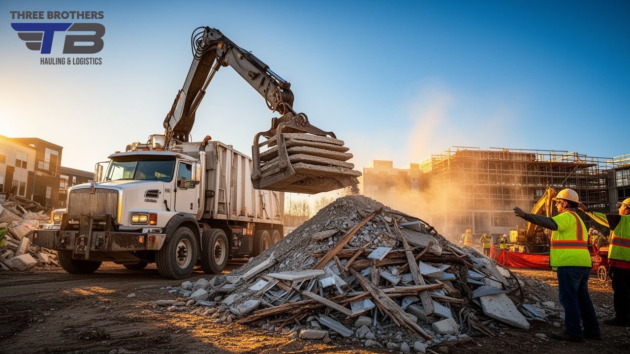 Construction debris removal: Excavator loads rubble into a dump truck at a demolition site.