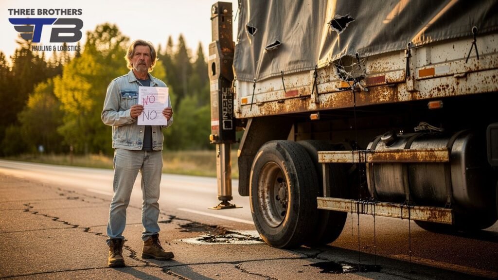 Man holding "NO" sign next to damaged truck on roadside