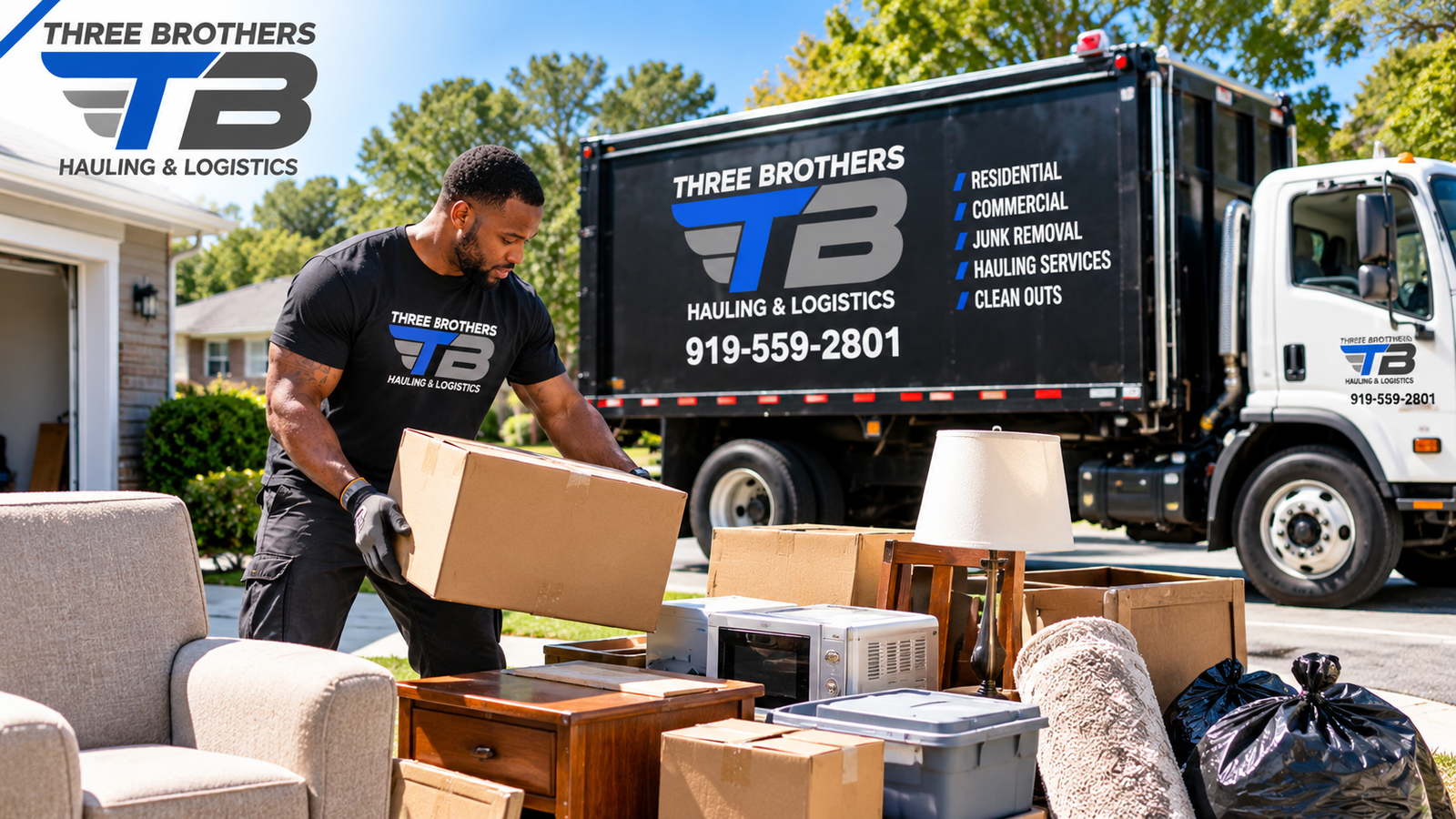 Three Brothers Hauling & Logistics worker preparing household items for pickup beside a branded hauling truck Copy alt text