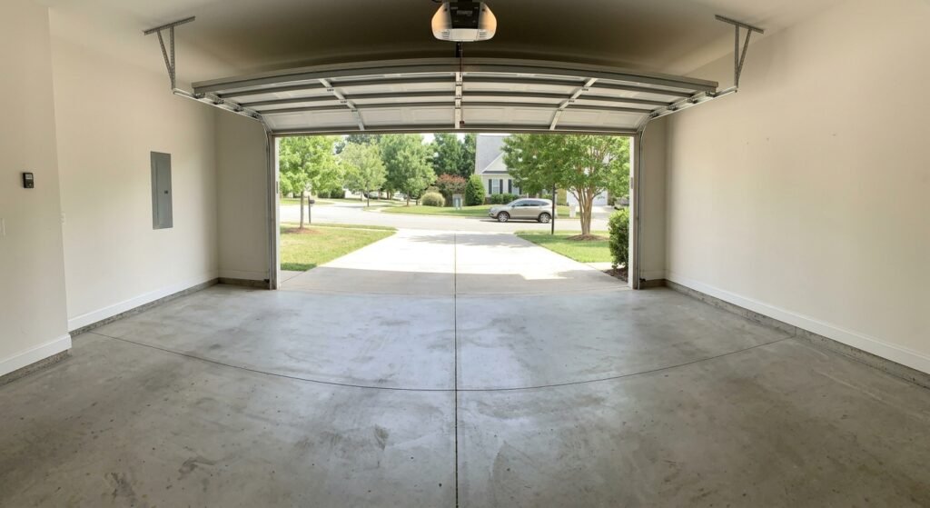 Empty garage with open door and driveway, ready for hauling pickup.