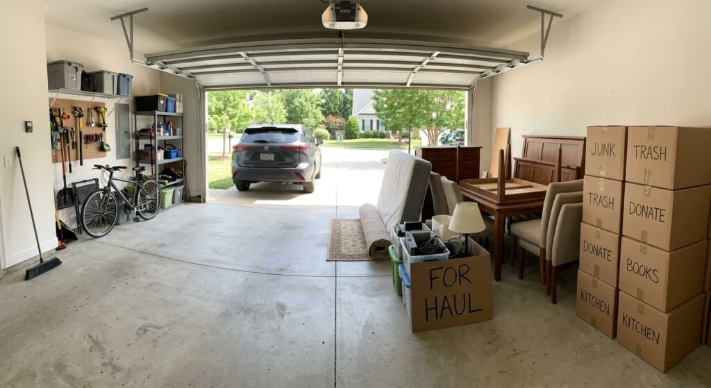 Garage filled with items for hauling pickup, including boxes labeled "Junk" and "Trash.