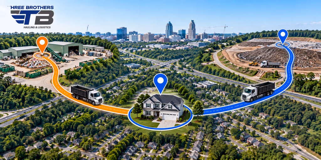 Simple route graphic from a Raleigh home to the North Wake recycling facility on Deponie Drive and the South Wake Landfill in Apex 
