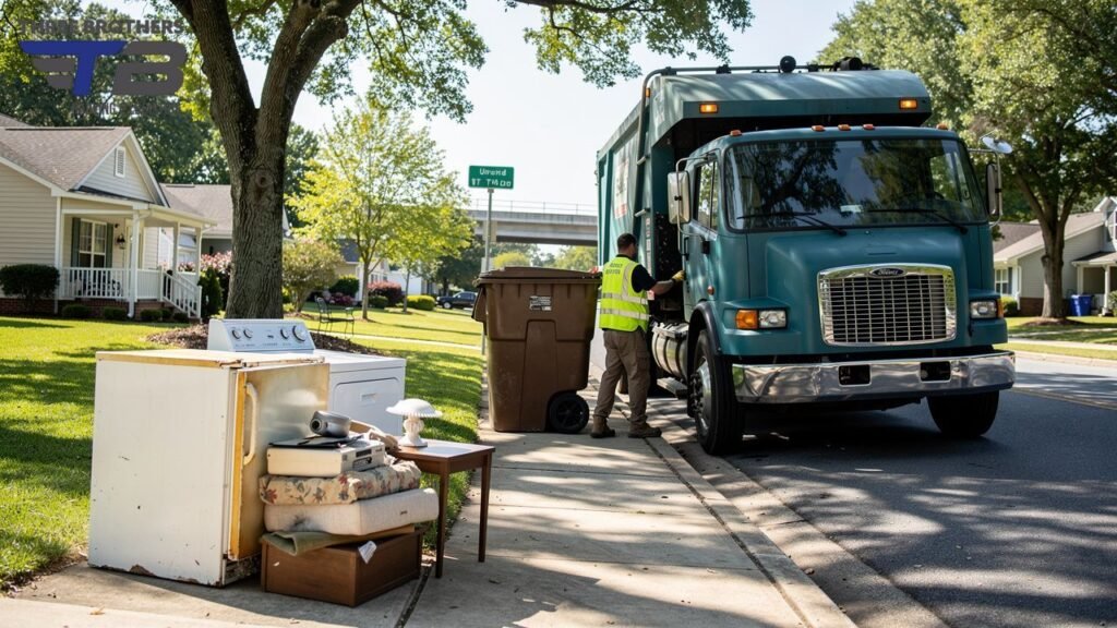 Garbage truck and worker performing bulk trash pickup of old appliances and furniture