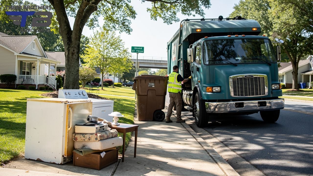 Garbage truck and worker performing bulk trash pickup of old appliances and furniture