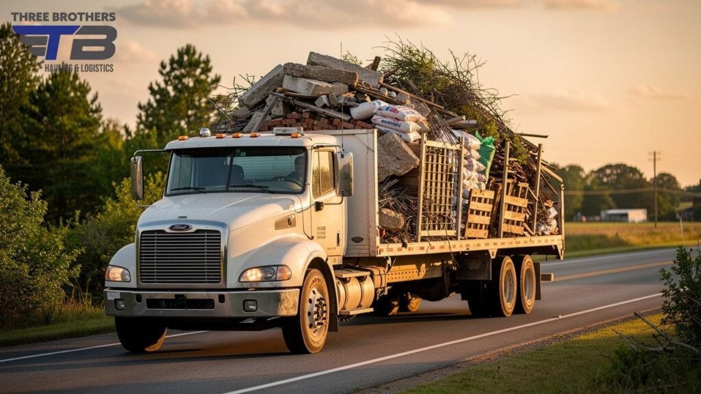 White flatbed truck hauling construction debris and landscaping waste