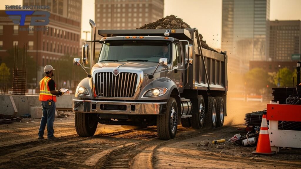 Construction worker with hard hat and vest near a loaded dump truck on a building site.