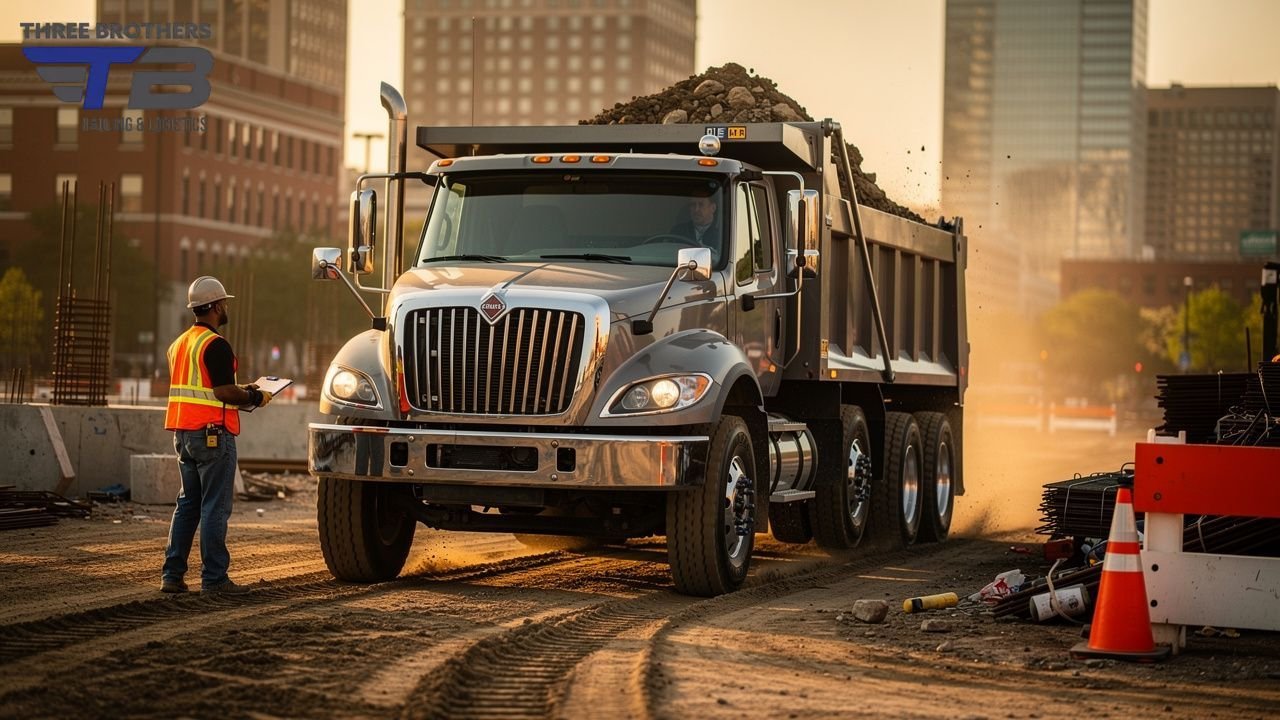 Construction worker with hard hat and vest near a loaded dump truck on a building site.