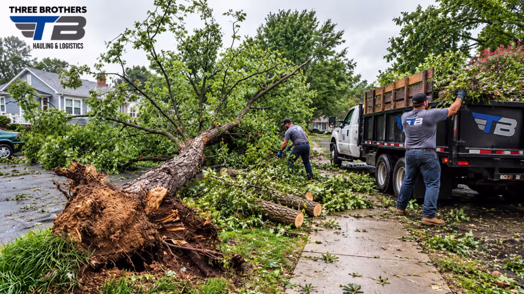 Storm debris removal in Raleigh: Workers haul fallen tree after a storm.