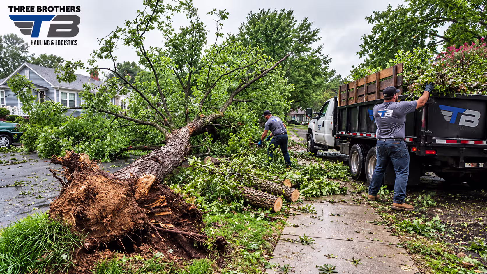 Storm debris removal in Raleigh: Workers haul fallen tree after a storm.