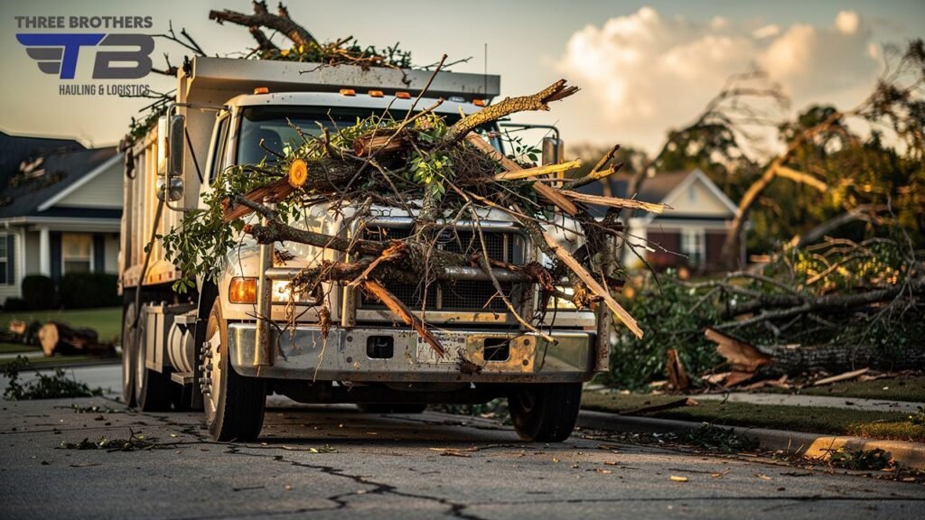 Dump truck loaded with storm debris and fallen branches.