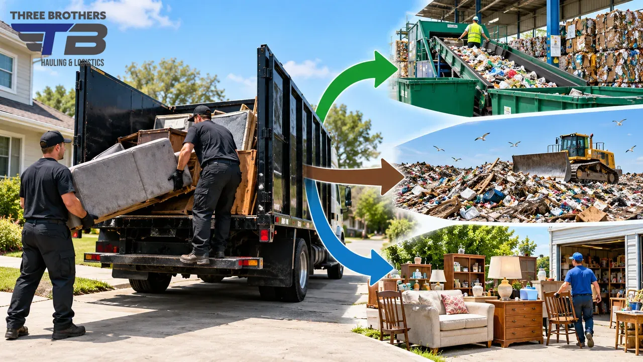 Junk removal crew loading furniture into a truck, with recycling and landfill scenes.